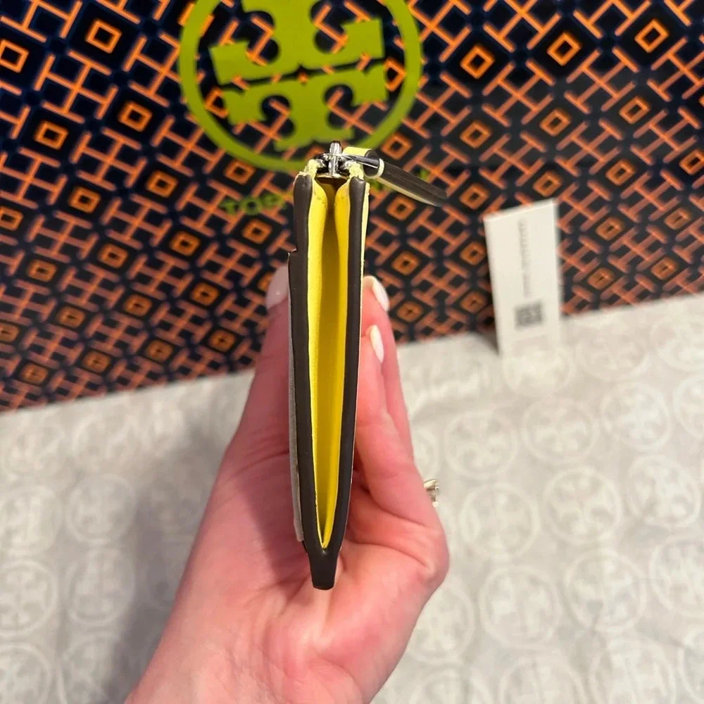 Tory Burch Britten Soft Zip Card Case Mini Wallet Vintage Lemon Silver Yellow